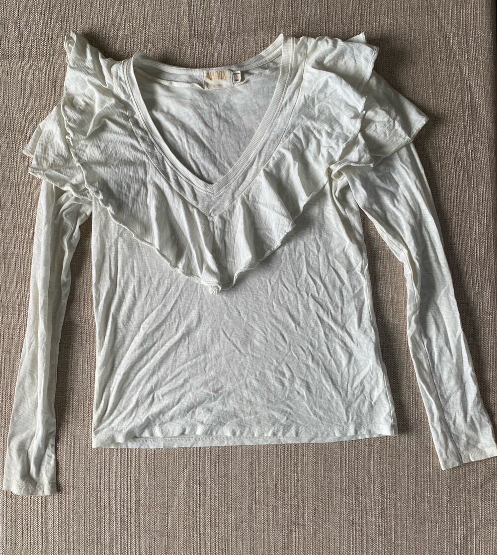 Nation LTD White Ruffle Shoulder V Neck Cotton Blouse Size S